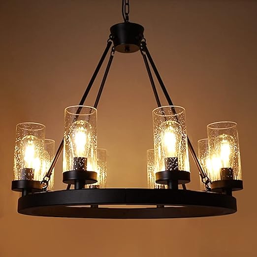 Matte Black Wagon Wheel Chandeliers Bubble Glass Shade, Farmhouse 30” 8-Light Iron Chandelier, Industrial Rustic Hanging Ceiling Light Dining Room Kitchen Bedroom Living Room Foyer Hallway