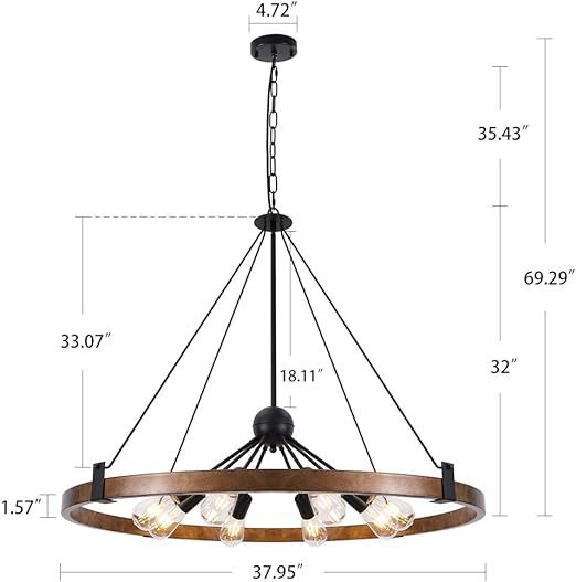 Farmhouse Chandelier Diam 38'', Large Wagon Wheel Chandelier Wild West for Dining Room