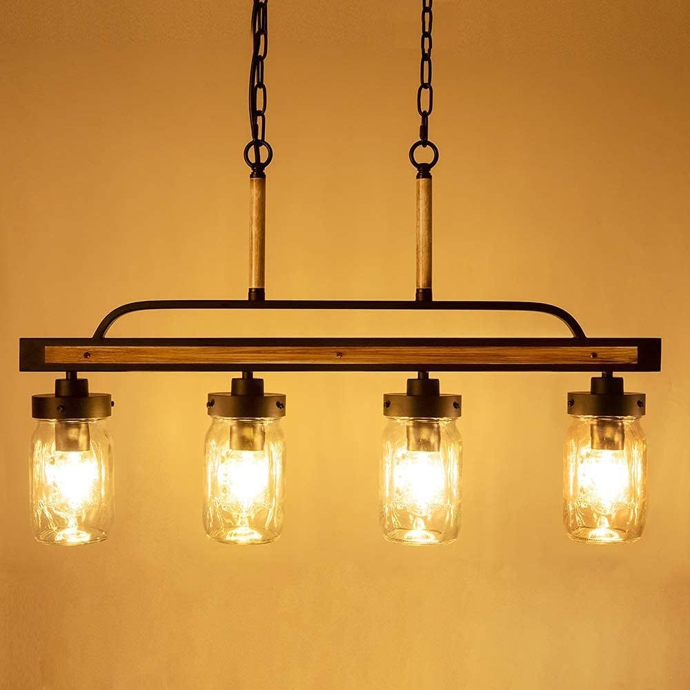 Farmhouse Chandelier for Kitchen Fixture Lights, 4 Lights Mason Jar Pendant Light for Dining Room Lighting Fixtures