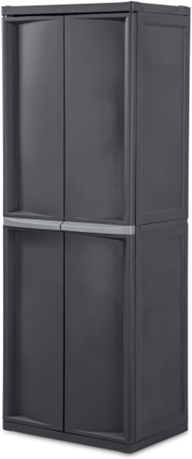 4 Shelf Cabinet, Heavy Duty and Easy to Assemble Plastic Storage Unit, Organize Bins in the Garage, Basement, Attic, Mudroom, Gray, 1-Pack