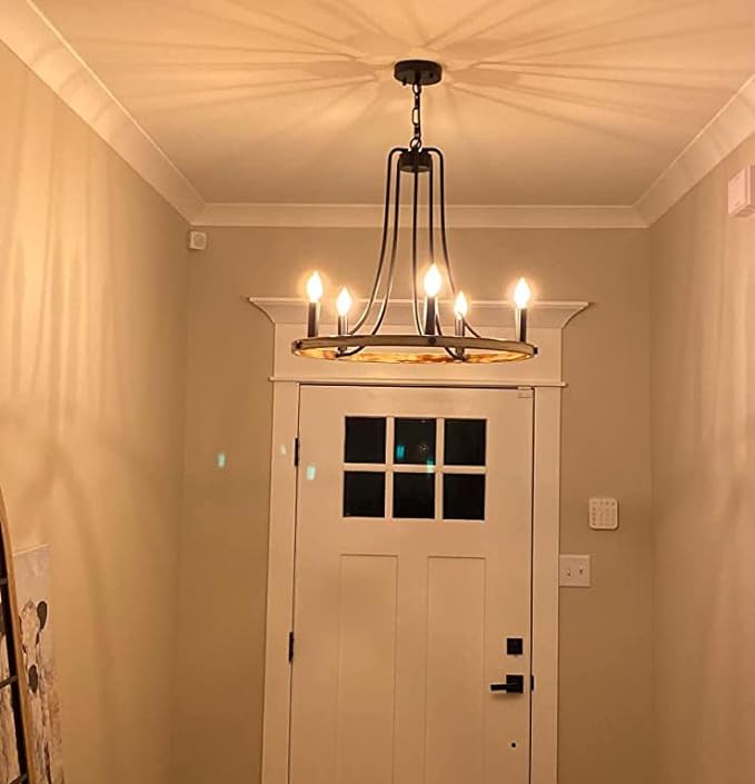 Rustic Foyer Chandeliers, 5 Lights Modern Farmhouse Candle Wagon Wheel Chandelier, 23.6" Round Hanging Ceiling Pendant Lighting