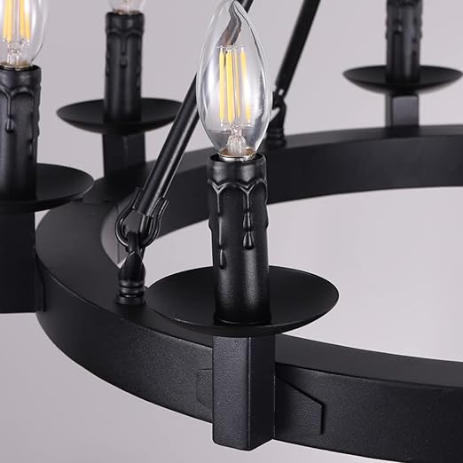 Black Farmhouse Chandeliers Wagon Wheel, Industrial 8 Lights Iron Lighting Candle Style 28", Rustic Hanging Ceiling Light Fixture