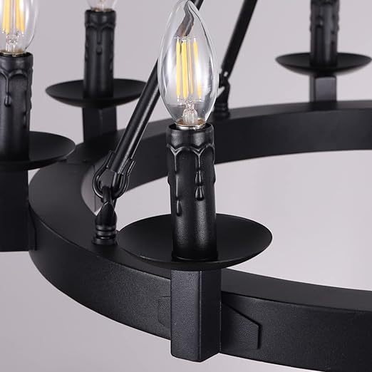 Black Farmhouse Chandeliers Wagon Wheel, Industrial 8 Lights Iron Lighting Candle Style 28", Rustic Hanging Ceiling Light Fixture