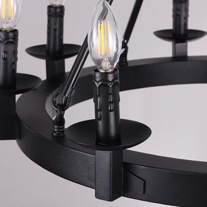 Black Farmhouse Chandeliers Wagon Wheel, Industrial 8 Lights Iron Lighting Candle Style 28", Rustic Hanging Ceiling Light Fixture