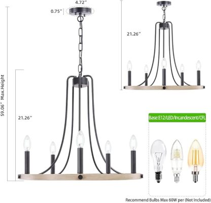 Rustic Foyer Chandeliers, 5 Lights Modern Farmhouse Candle Wagon Wheel Chandelier, 23.6" Round Hanging Ceiling Pendant Lighting