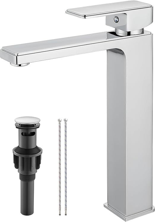Vessel Sink Faucet Bathroom Sink Faucet Tall Body Vessel Bowl Tap Single-Hole Deck Mount Lavatory Vanity Mixer Bar Tap Tall Spout Brass Tall Bathroom Faucet,Polished Chrome,with Drain