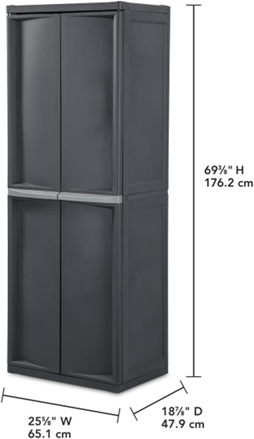 4 Shelf Cabinet, Heavy Duty and Easy to Assemble Plastic Storage Unit, Organize Bins in the Garage, Basement, Attic, Mudroom, Gray, 1-Pack