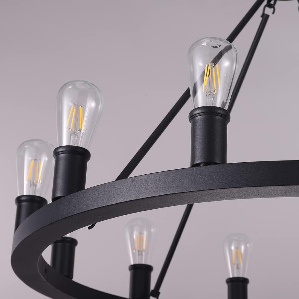 Farmhouse Black Chandelier,12 Lights Wagon Wheel Large Chandeliers for Kitchen Island,Hanging Modern Farmhouse Pendant Ceiling Lighting