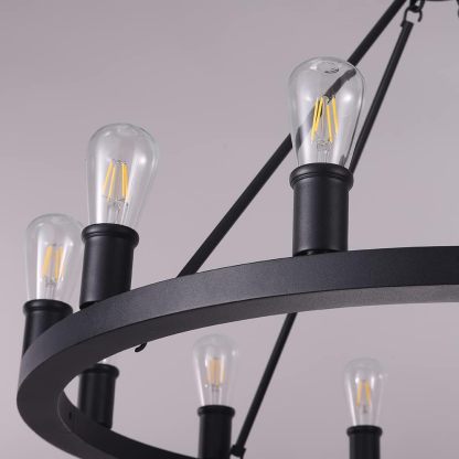 Farmhouse Black Chandelier,12 Lights Wagon Wheel Large Chandeliers for Kitchen Island,Hanging Modern Farmhouse Pendant Ceiling Lighting