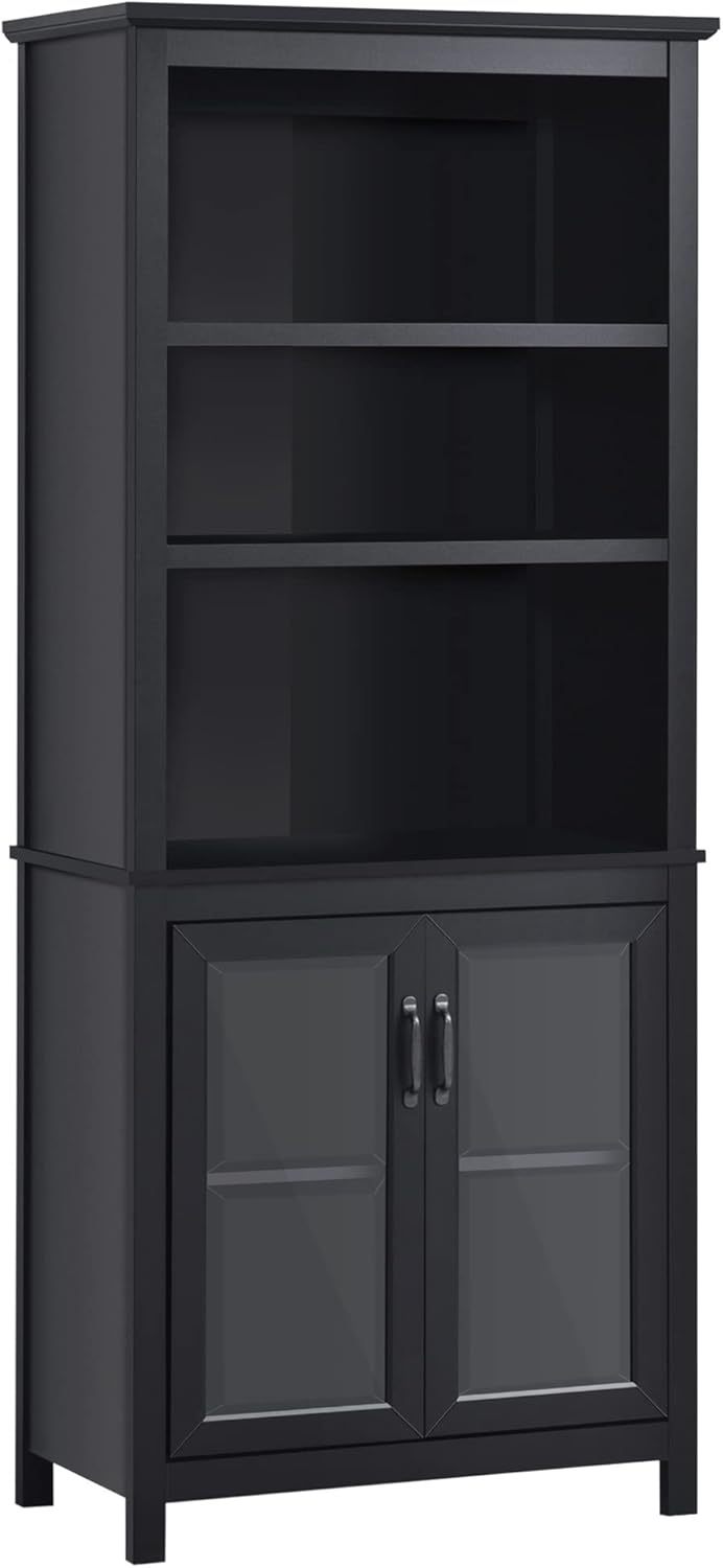 71" Bookcase Storage Hutch Cabinet with Adjustable Shelves and Glass Doors