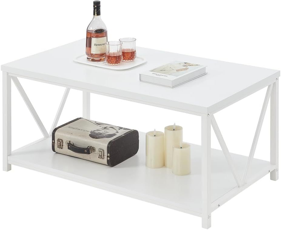 Rustic Coffee Table, Modern Living Room Table with Storage Shelf, White Oak