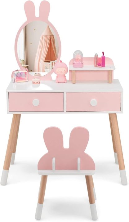 Rabbit Themed Toddler Wooden Makeup Table and Chair Set