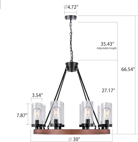 8-Light Farmhouse Chandeliers for Dining Room, 30 inch Rustic Wagon Wheel Chandelier with Seeded Glass Shade, Antique Vintage Round Wood-Painted Hanging Lighting Kitchen Island Living Room