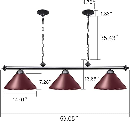 Pool Table Lights for 8'/9' Table with 3 Metal Shades, Billiard Lamp for Man Cave, Game Room, Kitchen Island Light for Restaurant Or Dining Room (Burgundy, 59 inch-3 Lights)
