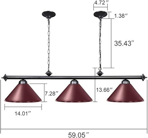 Pool Table Lights for 8'/9' Table with 3 Metal Shades, Billiard Lamp for Man Cave, Game Room, Kitchen Island Light for Restaurant Or Dining Room (Burgundy, 59 inch-3 Lights)