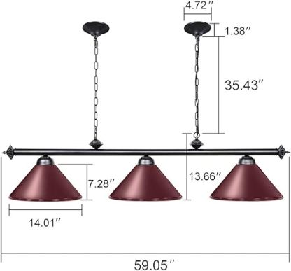 Pool Table Lights for 8'/9' Table with 3 Metal Shades, Billiard Lamp for Man Cave, Game Room, Kitchen Island Light for Restaurant Or Dining Room (Burgundy, 59 inch-3 Lights)