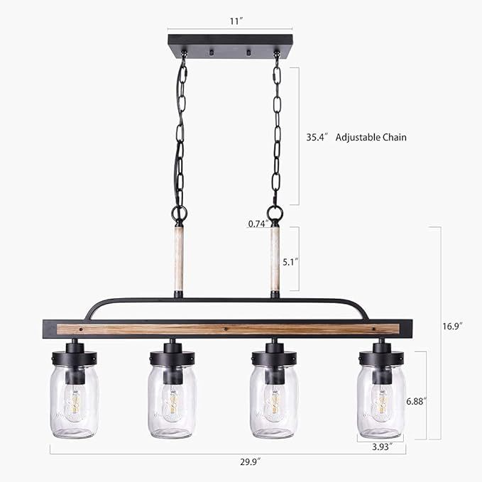 Farmhouse Chandelier for Kitchen Fixture Lights, 4 Lights Mason Jar Pendant Light for Dining Room Lighting Fixtures