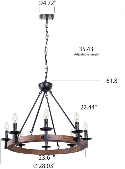 8 Lights Farmhouse Iron Chandeliers for Dining Rooms 28 inch, Wagon Wheel Chandelier Candle Style, Rustic Hanging Ceiling Light Fixture