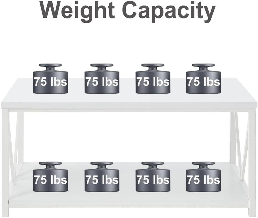 Rustic Coffee Table, Modern Living Room Table with Storage Shelf, White Oak