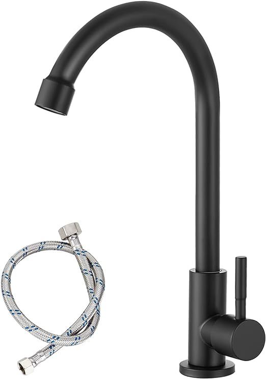 Matte Black Cold Water Only Kitchen Faucet SUS304 Sink Faucets High Arc Gooseneck 360 Degree Rotation Spout Basin Tap with Longer Thread Pipe