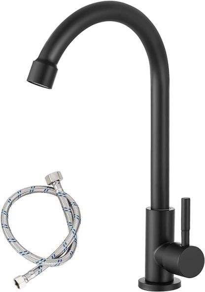 Matte Black Cold Water Only Kitchen Faucet SUS304 Sink Faucets High Arc Gooseneck 360 Degree Rotation Spout Basin Tap with Longer Thread Pipe