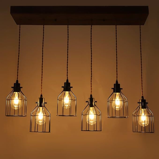 6 Lights Pendant Light for Kitchen Island, Farmhouse Linear Wood Flush Mount Chandelier with Metal Shades