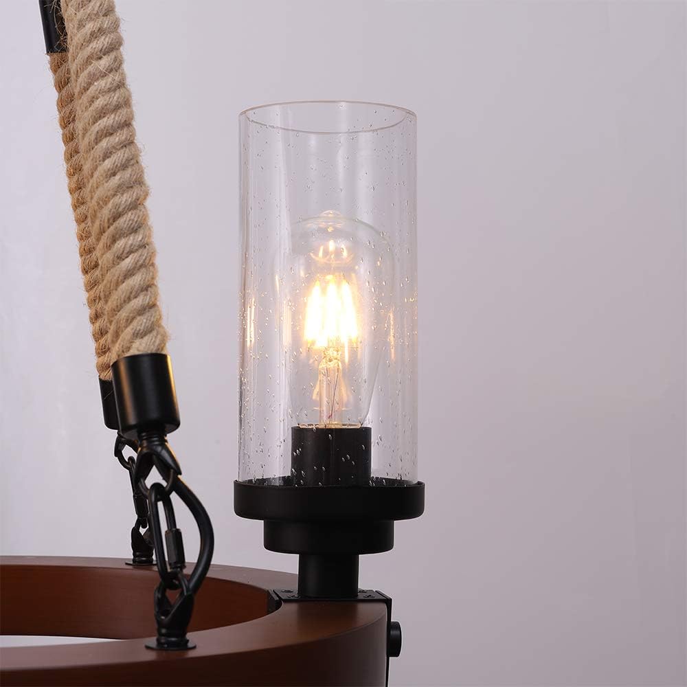 Farmhouse Chandelier, Wood Wagon Wheel Chandelier with Seeded Glass Shade, Hanging Rustic Round 3 Lights Ceiling Pendant Lighting