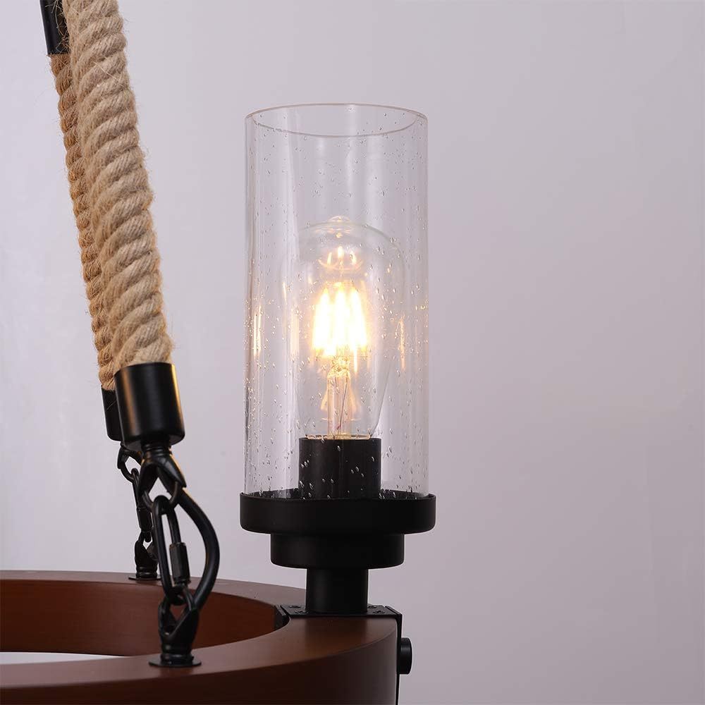 Farmhouse Chandelier, Wood Wagon Wheel Chandelier with Seeded Glass Shade, Hanging Rustic Round 3 Lights Ceiling Pendant Lighting