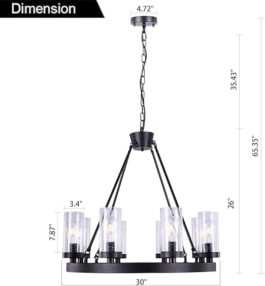 Matte Black Wagon Wheel Chandeliers Bubble Glass Shade, Farmhouse 30” 8-Light Iron Chandelier, Industrial Rustic Hanging Ceiling Light Dining Room Kitchen Bedroom Living Room Foyer Hallway