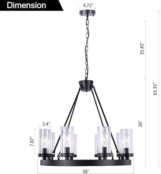 Matte Black Wagon Wheel Chandeliers Bubble Glass Shade, Farmhouse 30” 8-Light Iron Chandelier, Industrial Rustic Hanging Ceiling Light Dining Room Kitchen Bedroom Living Room Foyer Hallway
