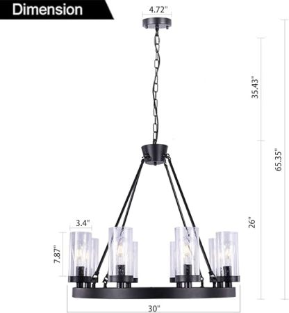 Matte Black Wagon Wheel Chandeliers Bubble Glass Shade, Farmhouse 30” 8-Light Iron Chandelier, Industrial Rustic Hanging Ceiling Light Dining Room Kitchen Bedroom Living Room Foyer Hallway