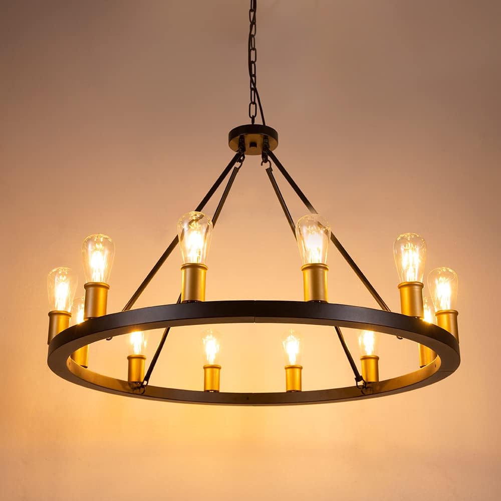 Farmhouse Chandelier,12 Lights Black Wagon Wheel Large Chandelier for Kitchen Island,Hanging Modern Farmhouse Pendant Light
