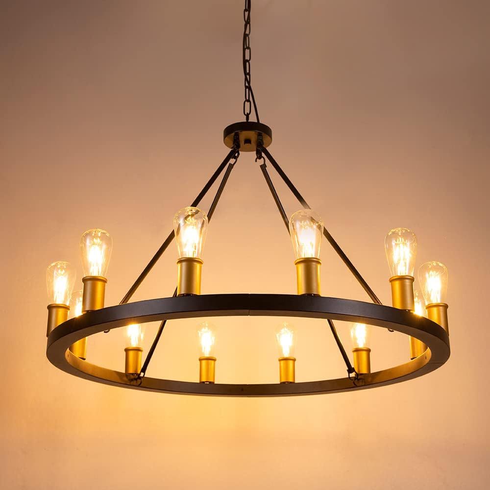 Farmhouse Chandelier,12 Lights Black Wagon Wheel Large Chandelier for Kitchen Island,Hanging Modern Farmhouse Pendant Light