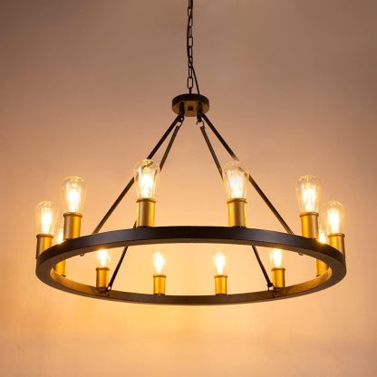 Farmhouse Chandelier,12 Lights Black Wagon Wheel Large Chandelier for Kitchen Island,Hanging Modern Farmhouse Pendant Light