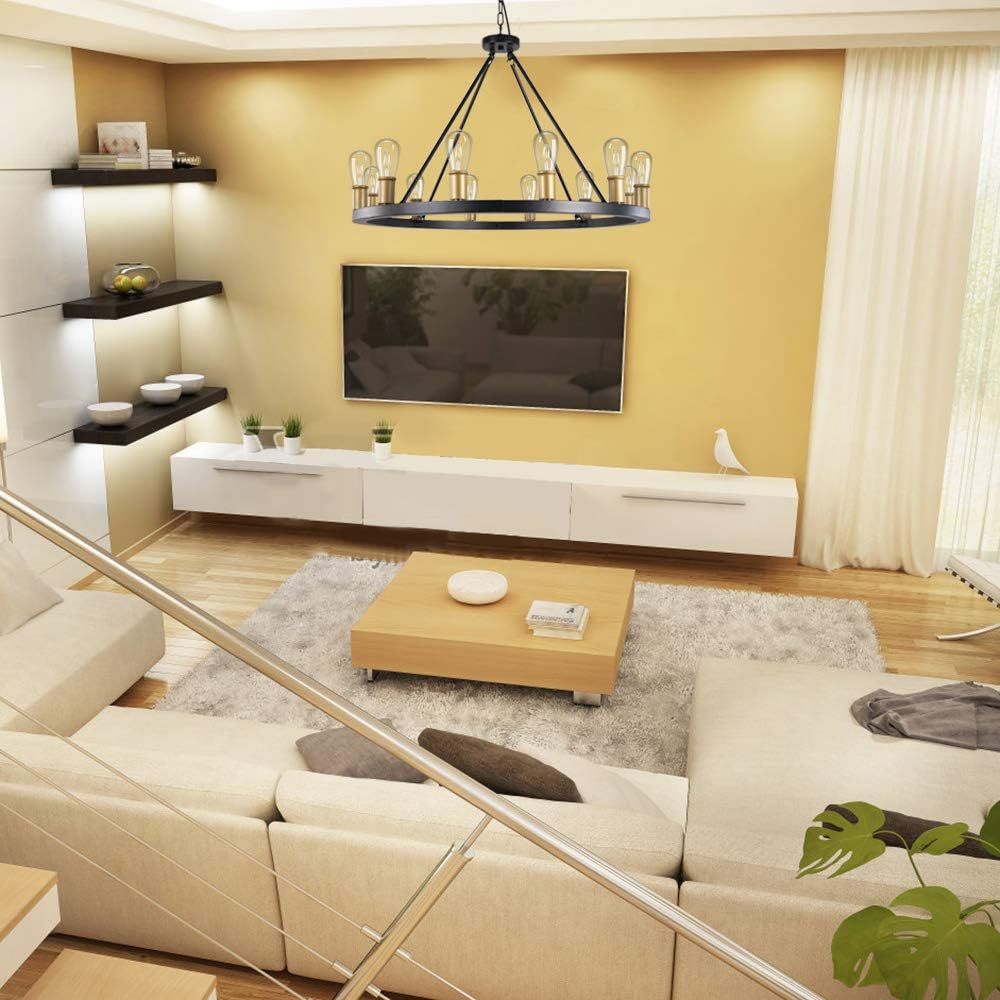 Farmhouse Chandelier,12 Lights Black Wagon Wheel Large Chandelier for Kitchen Island,Hanging Modern Farmhouse Pendant Light