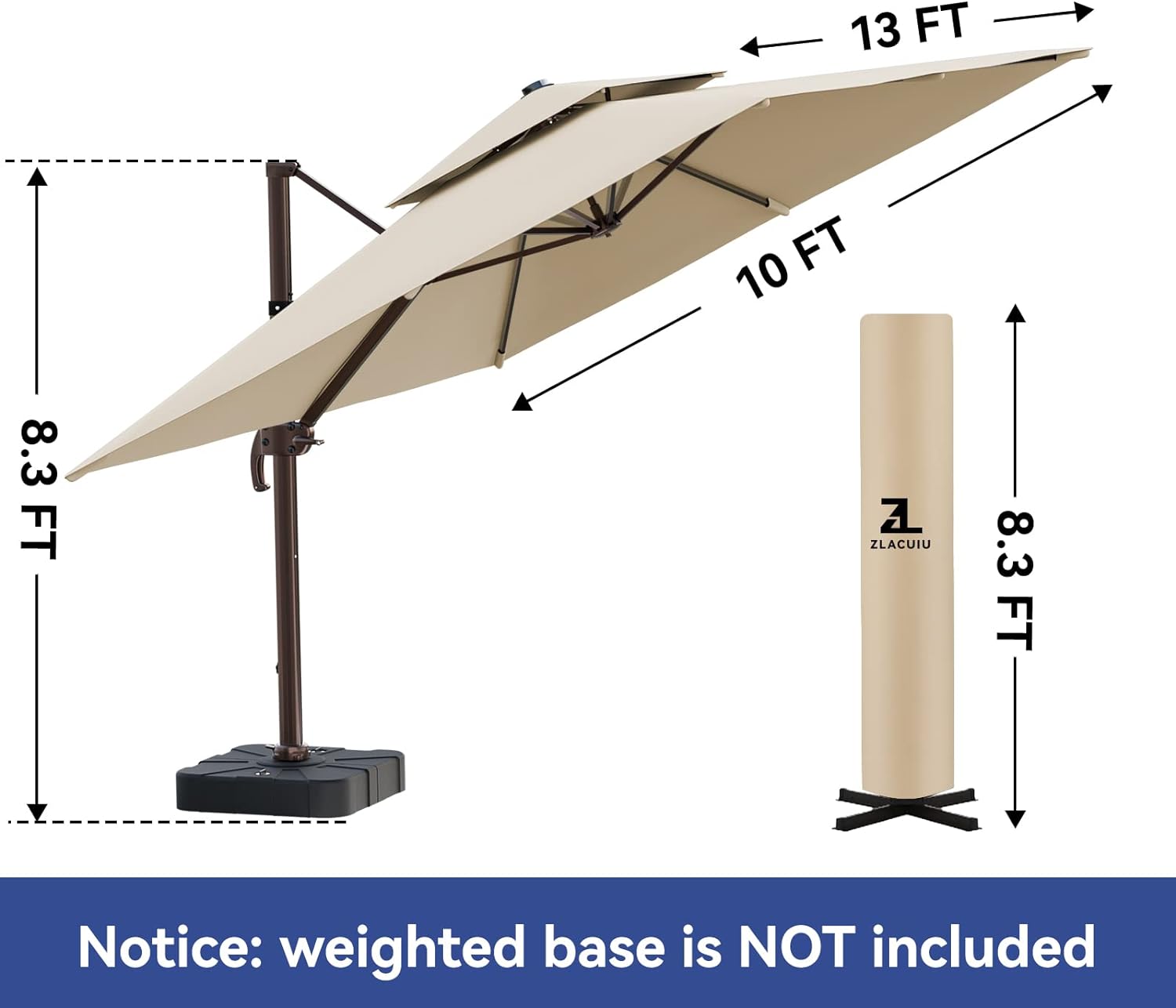 10x13FT Cantilever Outdoor Patio Umbrellas, Double Top Large Rectangle Umbrella, Heavy Duty 360° Rotation Offset Outdoor Sun Shade Umbrella for Garden Deck Pool Backyard Patio, Beige
