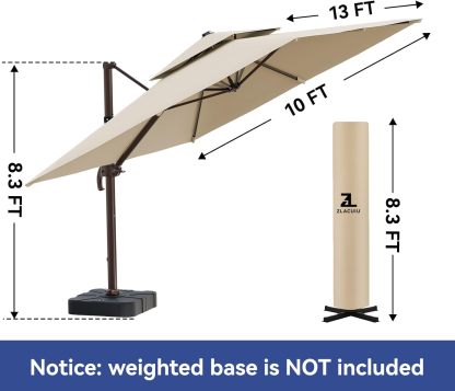 10x13FT Cantilever Outdoor Patio Umbrellas, Double Top Large Rectangle Umbrella, Heavy Duty 360° Rotation Offset Outdoor Sun Shade Umbrella for Garden Deck Pool Backyard Patio, Beige