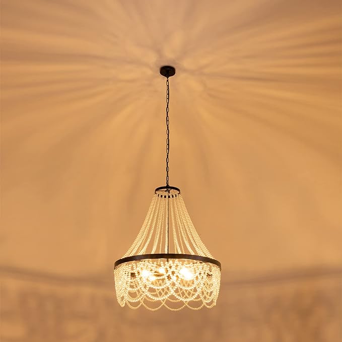Black Beaded Chandelier 27inch, 4 Lights Modern Crystal Chandelier, Boho Light Fixture Ceiling for Bedroom Foyer Dining Room, French Empire Chandelier Lighting with Glear Glass Bead