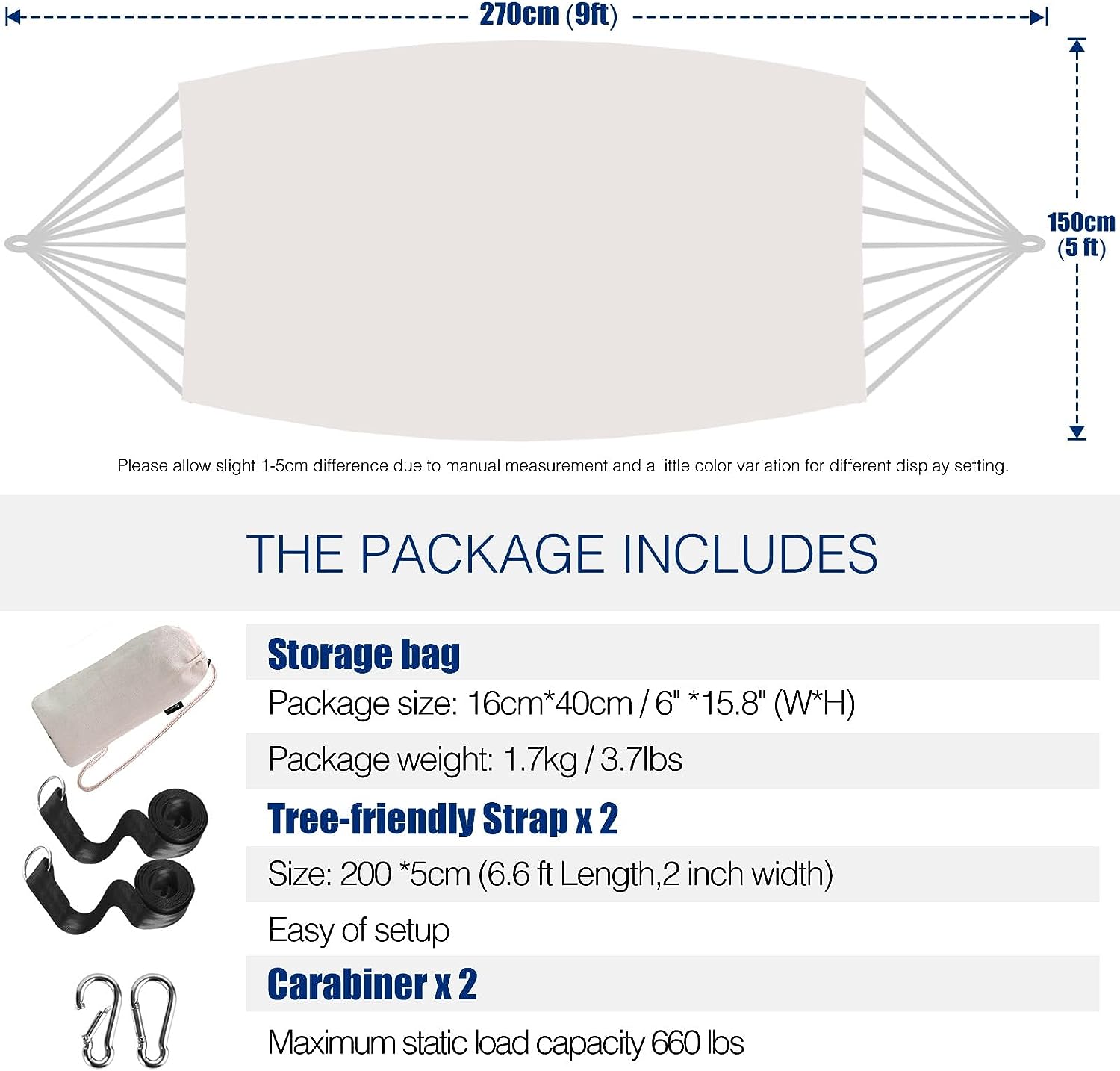 Garden Cotton Hammock Comfortable Fabric Hammock with Tree Straps for Hanging Durable Hammock Up to 660lbs Portable Hammock with Travel Bag,Perfect for Camping Outdoor/Indoor Patio Backyard