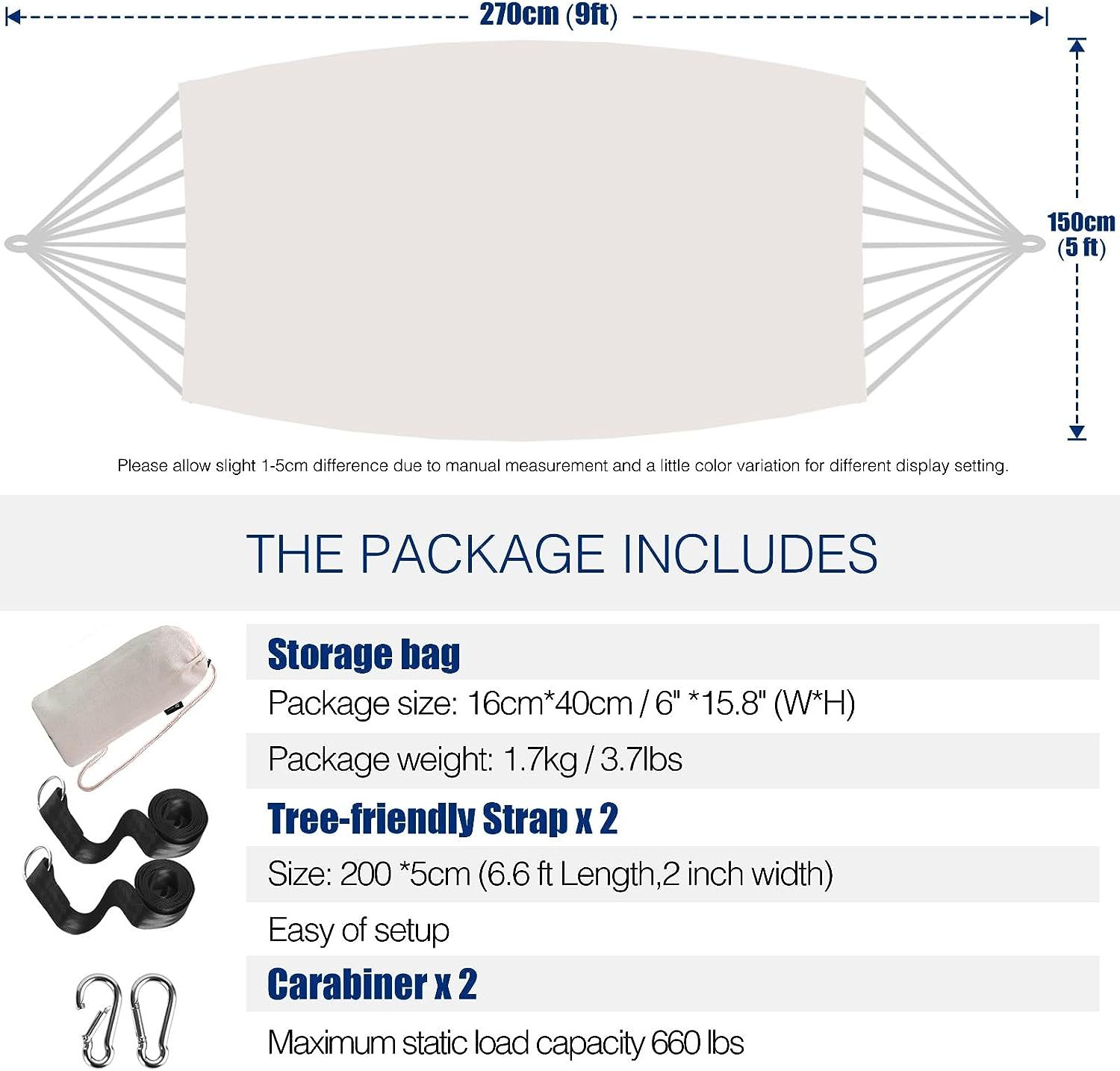 Garden Cotton Hammock Comfortable Fabric Hammock with Tree Straps for Hanging Durable Hammock Up to 660lbs Portable Hammock with Travel Bag,Perfect for Camping Outdoor/Indoor Patio Backyard