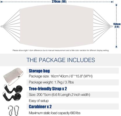 Garden Cotton Hammock Comfortable Fabric Hammock with Tree Straps for Hanging Durable Hammock Up to 660lbs Portable Hammock with Travel Bag,Perfect for Camping Outdoor/Indoor Patio Backyard