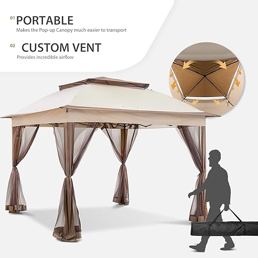 11x11 Pop-Up Instant Gazebo Tent with Mosquito Netting Outdoor Canopy Shelter with 121 Square Feet of Shade by COOS BAY (Beige)