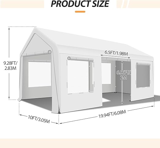 Upgraded 10 x 20Ft Heavy Duty Carport, Portable Garage Shelter with with Roll-up Sidewall and Ventilated Windows, Sand Bags, for Truck, Boat, Car(White)