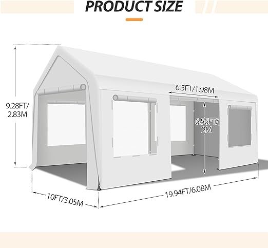 Upgraded 10 x 20Ft Heavy Duty Carport, Portable Garage Shelter with with Roll-up Sidewall and Ventilated Windows, Sand Bags, for Truck, Boat, Car(White)