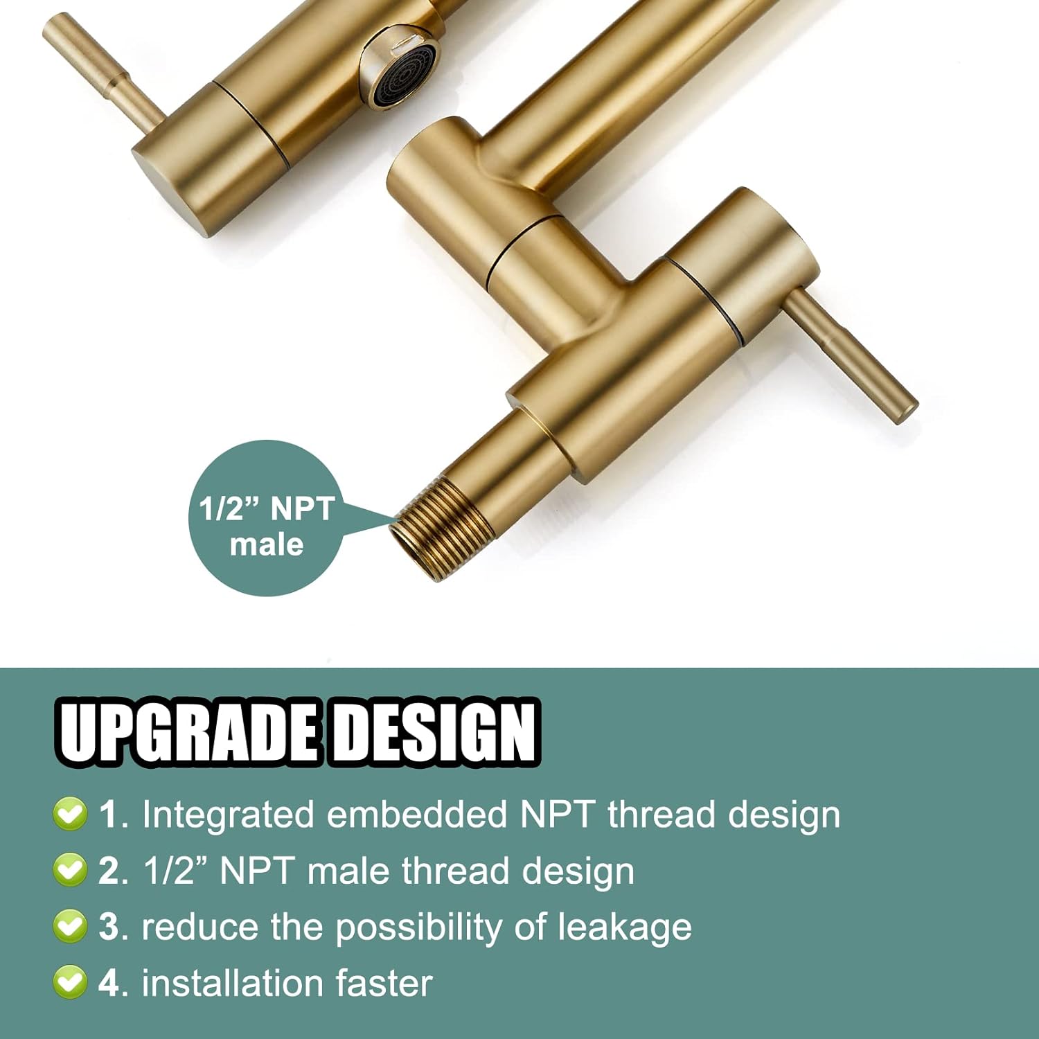 Brushed Gold Pot Filler Faucet 19 Inch Folding Stretchable Wall Mount Kitchen Restaurant Faucet SUS304 Stainless Steel with Double Joint Swing Arm Single Hole Two Handles Commercial NPT