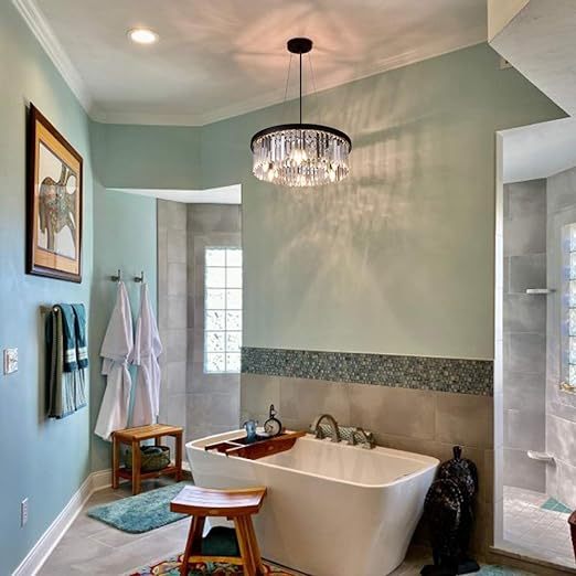 Modern Crystal Chandelier for Dining Room, 6 Lights Black Farmhouse Crystal Pendant Light, Vintage Ceiling Lighting Fixture for Kitchen Island, Living Room, Bedroom, Hallway, Foyer, W-21.65”