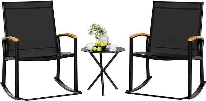 3 Piece Outdoor Rocking Bistro Set, Textilene Fabric Small Patio Furniture Set