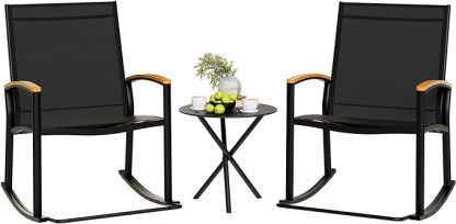 3 Piece Outdoor Rocking Bistro Set, Textilene Fabric Small Patio Furniture Set