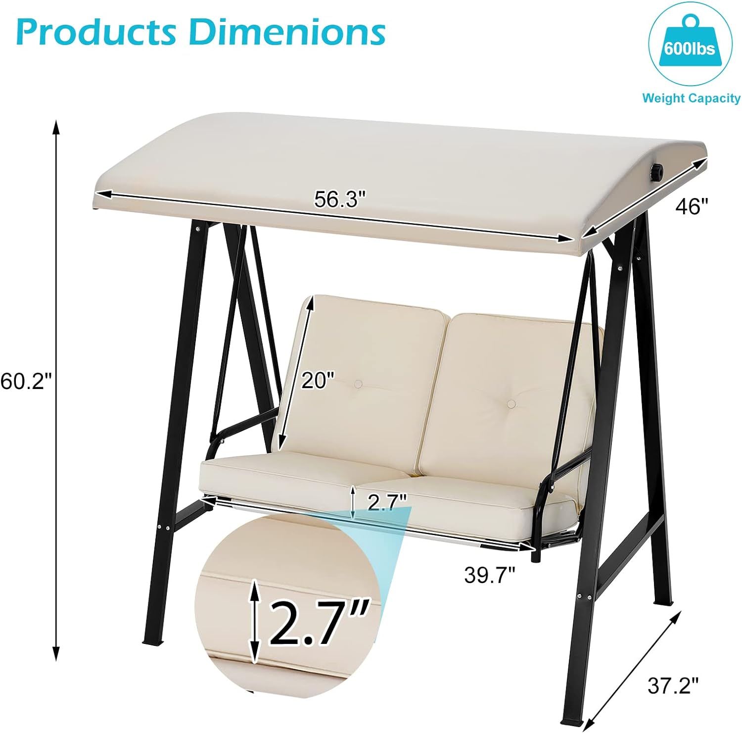 2-Seat Porch Swing Chair, Patio Swing Chair with Stand and Removable Cushions, Outdoor Canopy Swing Chair for Outside, Backyard, Garden(Beige Cushion&Steel Frame)