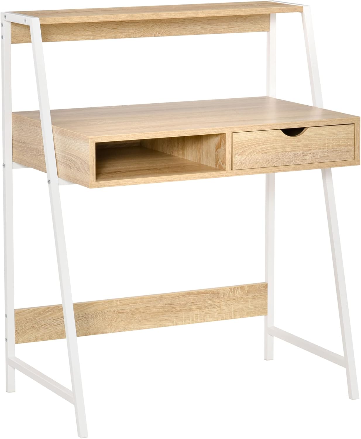 Computer Desk with A Frame for Small Spaces, Writing Table with Drawer and Storage Shelves